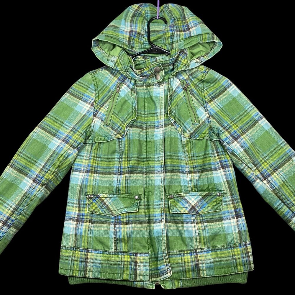 Mossimo Supply Co. Green Plaid Hooded Jacket Size Small Faux Fur Lining Pockets